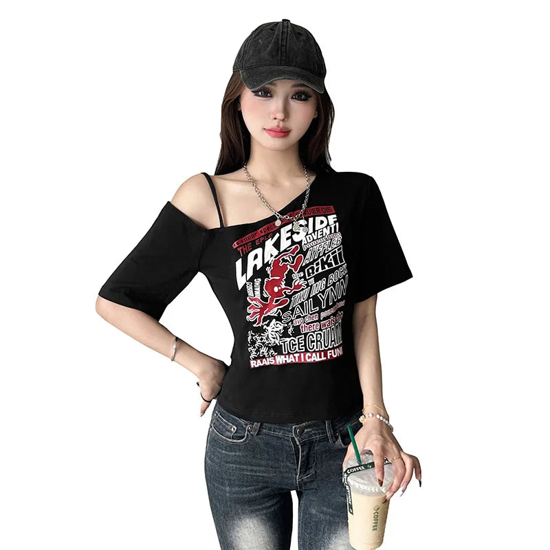 Tee Y2k Letter Print Off Shoulder Punk T-shirts Women Harajuku Summer Streetwear Grunge T Shirt Aesthetic Sexy Crop Tops