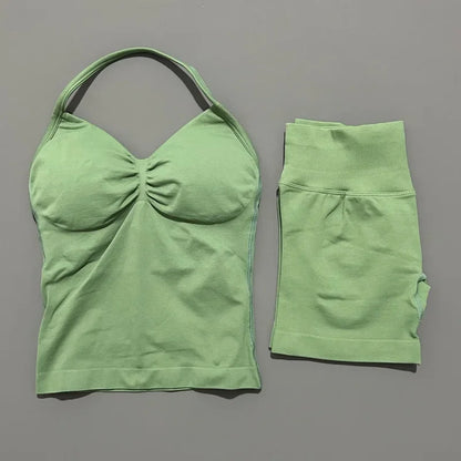 2 Pieces Sports Set Women Backless Halter Tops Fitness Tank Top High Waist Seamless High Stretch Shorts Gym Workout Sets