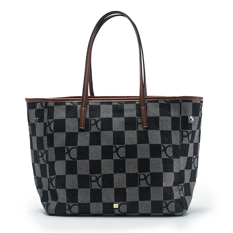 PG Shoulder Bag For Women Premium Checkerboard Canvas Tote Fashion Pink Leather Strap Handbag Elegant Office Commute Daily Bag