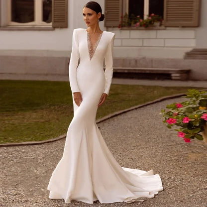 Customized Satin Mermaid Wedding Dresses Bridal Gowns Robes Deep V-Neck Floor Length Vestidos De Novia robe de mariée