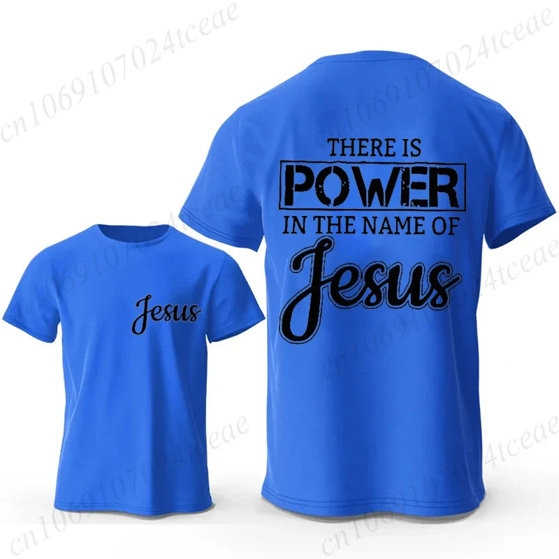 Men Graphic T Shirt There Is Power in The Name of Jesus Print O Neck Short Sleeve Casual Streetwear Fashion T-Shirts Tops Gift