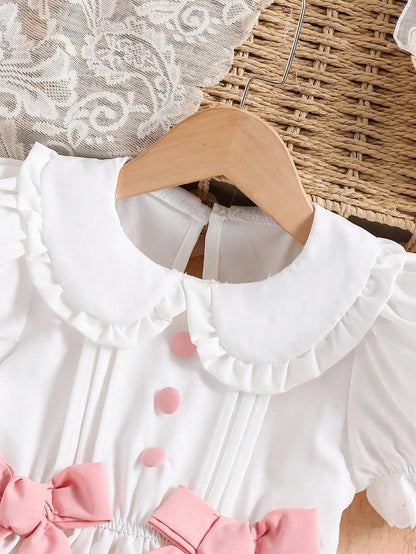 Little Girl's Romantic and Elegant White Princess-Style Dress, Decorated with Bows, Stylish Puff Sleeves, Suitable for Birthday Parties, Holiday Events, and Photography. Suitable for Little Girls Aged 4-7, for Spring a