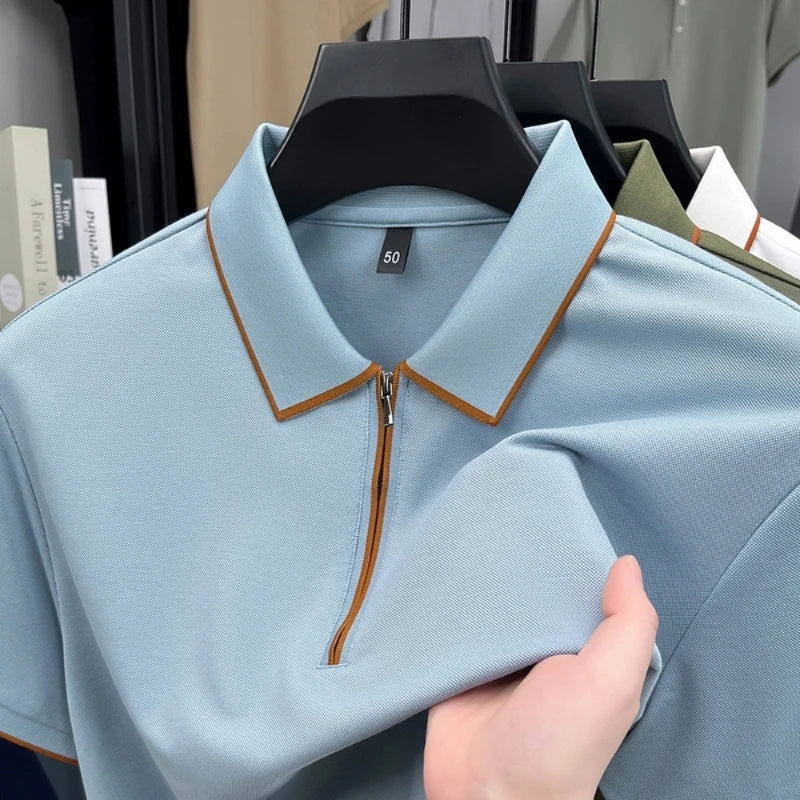 Men's Silk Zipper Polo Shirt Short Sleeve Mulberry T-Shirt Metal Zipper, Stand Collar Luxury Casual Summer Top Cotton&Linen Tee