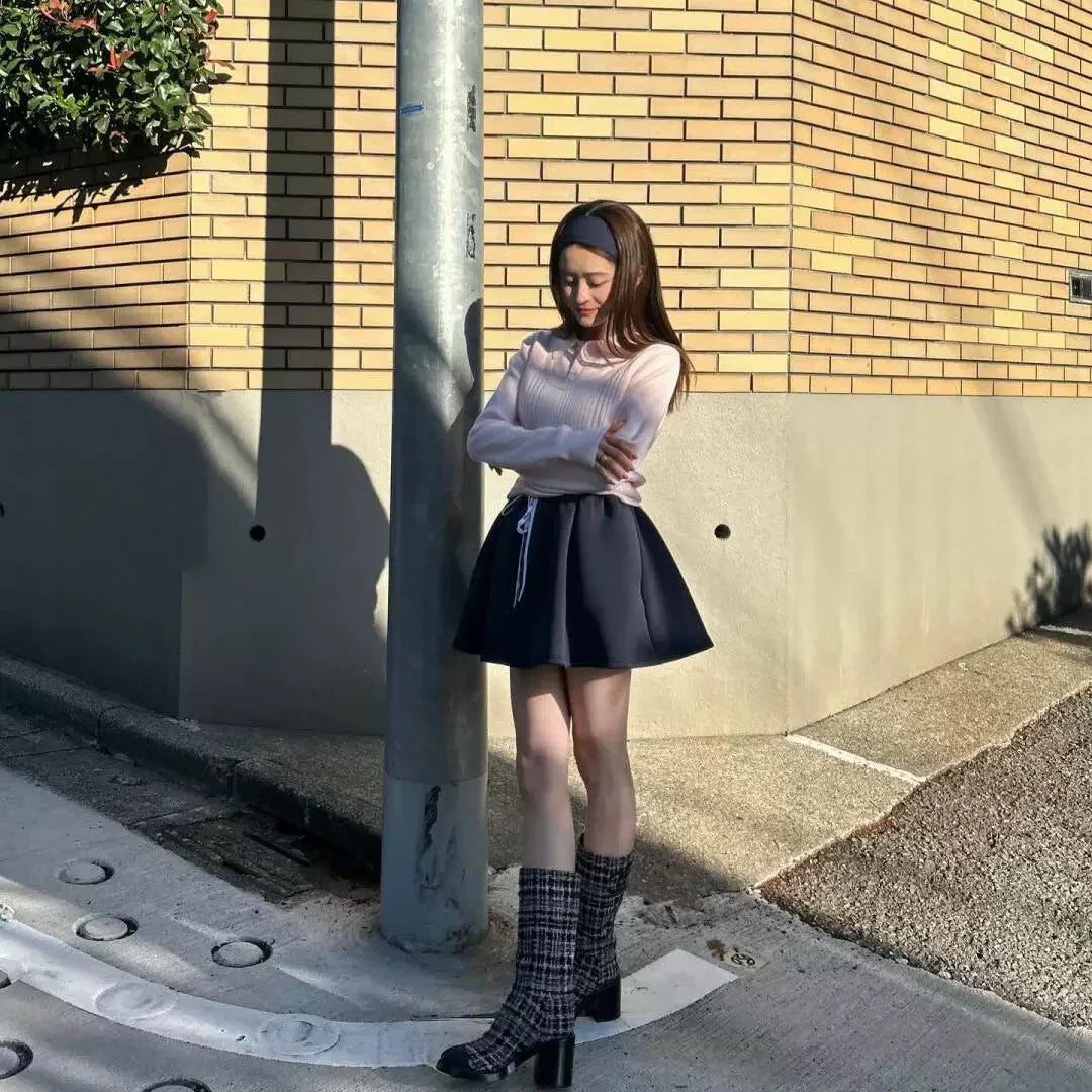 New Japanese Style Drawstring Casual Cute Girl Skirt 2025 Spring and Summer Sweet Ladies Elastic Waist Kawaii Short Skirt Women