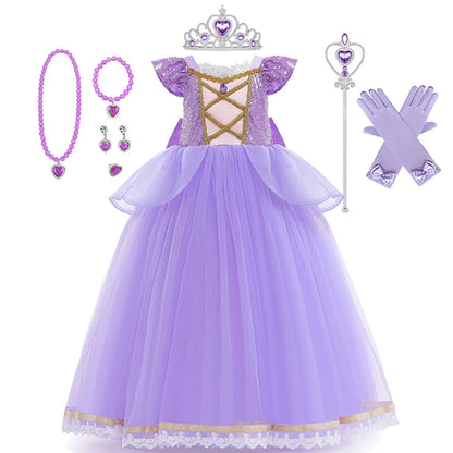 Rapunzel Princess Dress Girl Purple Deluxe Elegant Cosplay Tangled Costume Halloween Vestido Kids Birthday Ball Gown Clothes