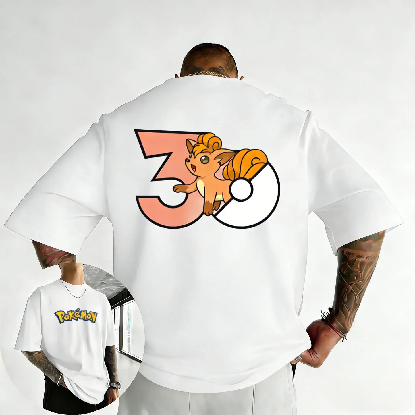30th Anniversary Vulpix Printed T-shirt Summer New Men's and Women's Loose Casual Hip Hop Trendy Short Sleeve Top