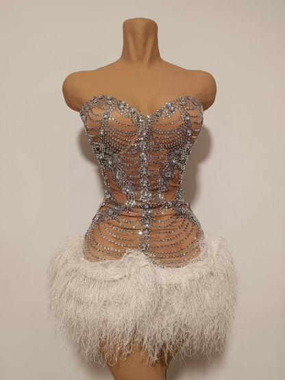Mesh Sexy See Through Cocktail Mini Dress Women Eveing Luxury Birthday Party Singer Nightclub Show Stage Costume