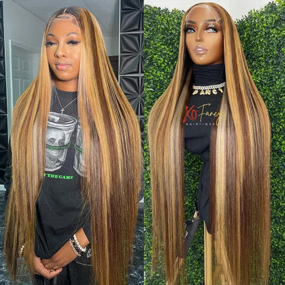 Brown P4/27 Straight 13x4 Lace Frontal Human Hair Wigs Brazilian Highlight Colored Lace Front Wig For Women 28 30 32 34 36 Inch