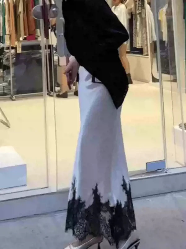 Fairy Elegant Lace Trim Satin Skirt Women High Waist Wrapped Hip Slim Midi Lace Hem Skirt Office Summer Daily Chic Lady Clothes