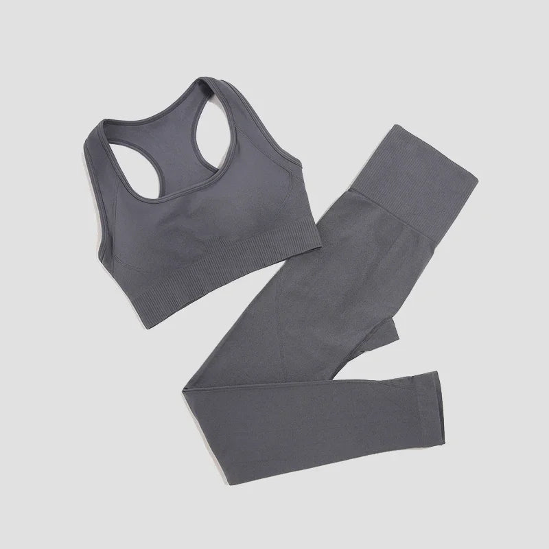 2/3Pcs Women Seamless Fitness Yoga Suit Workout Long Sleeve Crop Top Shirt Sports Bra High Waist Running Leggings Gym Clothing