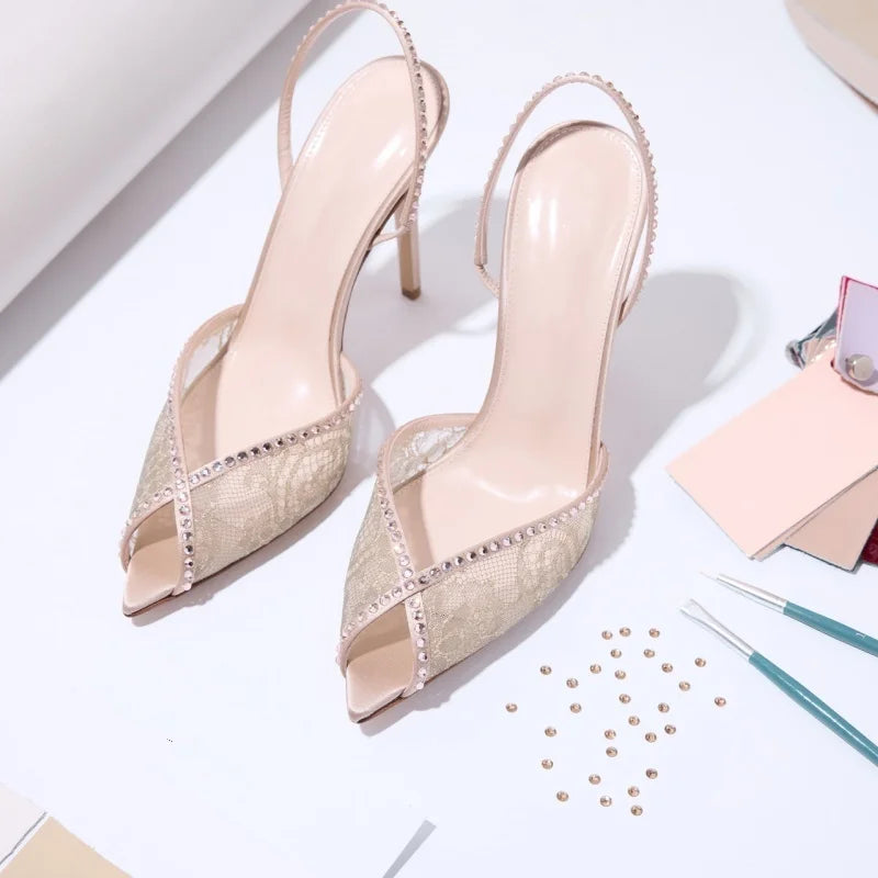 Trending Ladies Shoes 2026 Women Sandals High Heels Summer Luxury Shoes Nude Pink Mesh Slingback Stiletto Party Runway Sandals