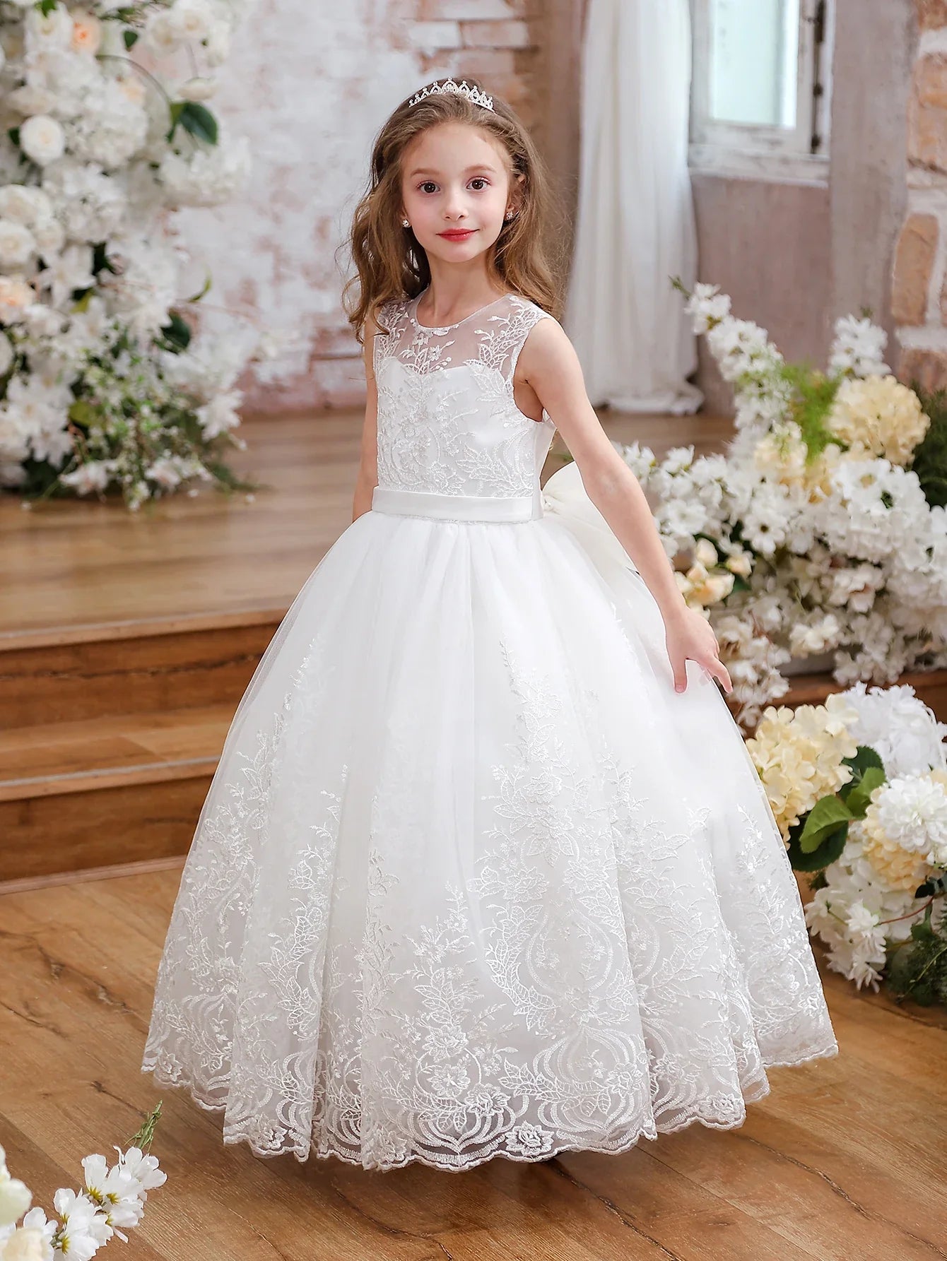 lower Girl Dress Embroidery Tulle Lace for Kid Bridesmaid Birthday Party Communion Formal Princess Bow Ball Gown
