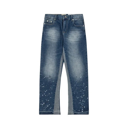 American retro washed letter spliced denim trousers high street trendy brand couple loose straight micro-flared long trousers