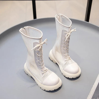 Children Summer Shoes Girls Fashion Sandals High-top Mesh Boots Net Breathable Shoelace Decoration with Zipper Cut-out Ins Style