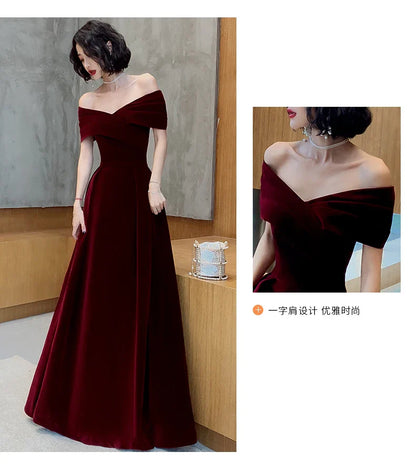 Spring Long Luxury Elegant Wine Red Soft Velvet Evening Party Wedding Dresses for Women 2022 Off Shoulder Maxi Dress