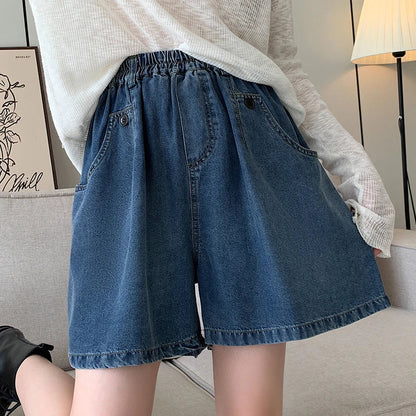 New 2024 Summer Plus Size Denim Shorts For Women High Elastic Wasit Wide Leg Loose Blue Jean Short Women Streetwear Half Jeans