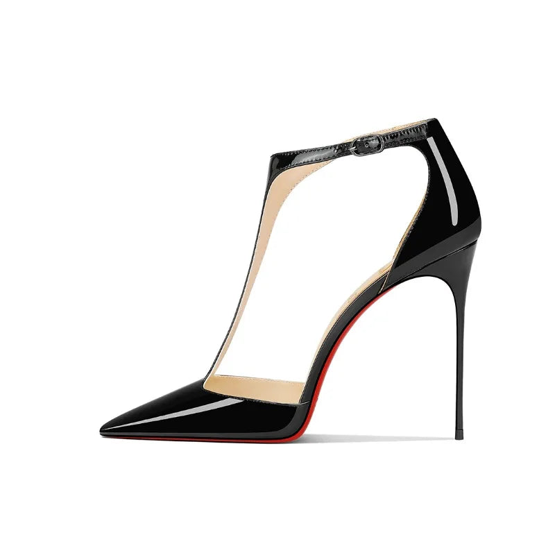 Black patent leather T-belt bag with nightclub sexy 12cm ultra-fine heel pointed party European and American high-heeled sandals