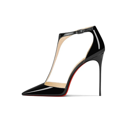 Black patent leather T-belt bag with nightclub sexy 12cm ultra-fine heel pointed party European and American high-heeled sandals