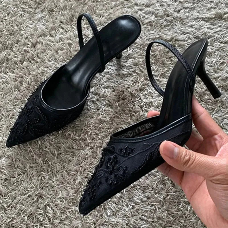 Luxury Mesh String Bead Design High Heels Women High Quality Hand Embroidery Heeled Sandals Elegant Banquet Slingback Dress Shoe