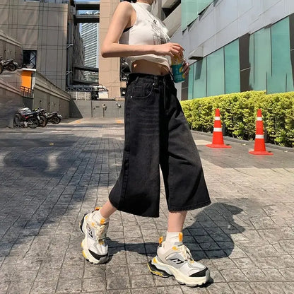 Verão American Style Vintage Feminino Jeans Folgado Y2k Solto Lavado Cintura Alta Calça Jeans Comprimento Joelho Streetwear Shorts Perna Larga