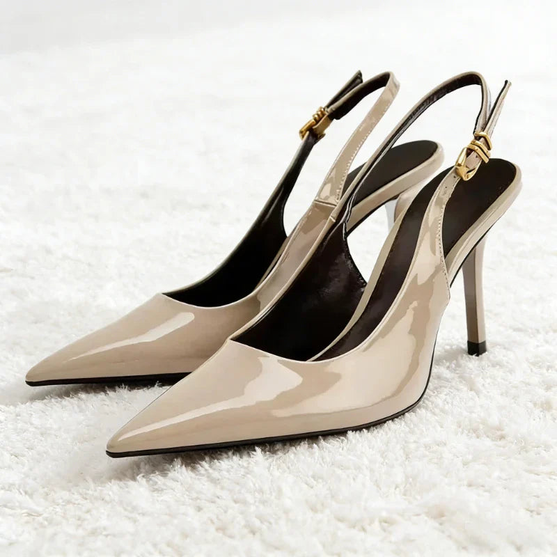 Sexy Black Pointed Toe Patent Leather Pumps Women Luxury Metal Ankle Strap Buckle Brand Designer Shoes Cozy Commuter Office Shoe