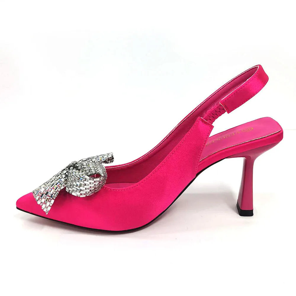 Italian Design Elegant Fuchsia Bow Rhinestone Pumps with Pointed Toe for Women 2024 Party Shoes and Bags Matching Set