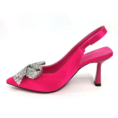 Italian Design Elegant Fuchsia Bow Rhinestone Pumps with Pointed Toe for Women 2024 Party Shoes and Bags Matching Set