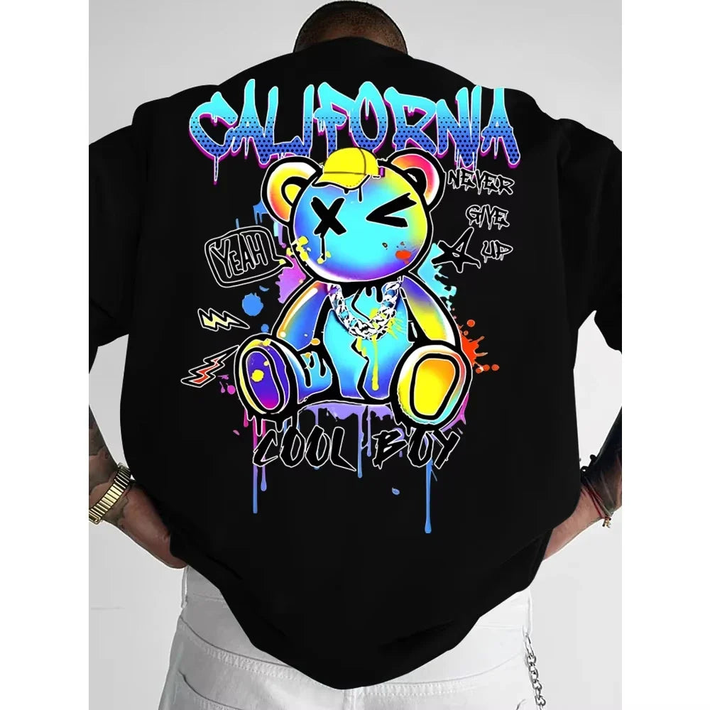 Summer 2026 New California Bear and Lightning Bolt Men's T-shirt Fashion Hot Selling Men's and Women's Round-neck Print T-shirt