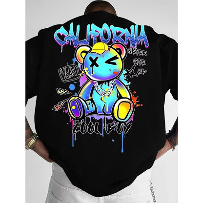 Summer 2026 New California Bear and Lightning Bolt Men's T-shirt Fashion Hot Selling Men's and Women's Round-neck Print T-shirt