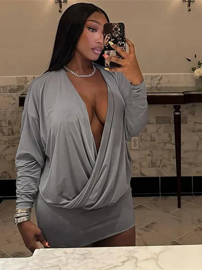 Cross Deep V-Neck Dress Women Full Sleeve Stretch Solid Midnight Street Clubwear Party Autumn Trend Elegant Mini Bodycon