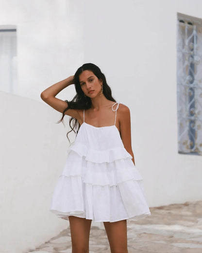 Loose White 100% Cotton Women's Dress Summer Strap Sleeveless Mini Dresses Classic Ruffle Female Beach Dress