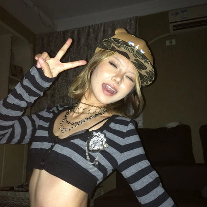 Y2k Crop Top Japanese 2000s Style Striped Long Sleeved T-shirt Vintage Harajuku High Street Tops American Retro