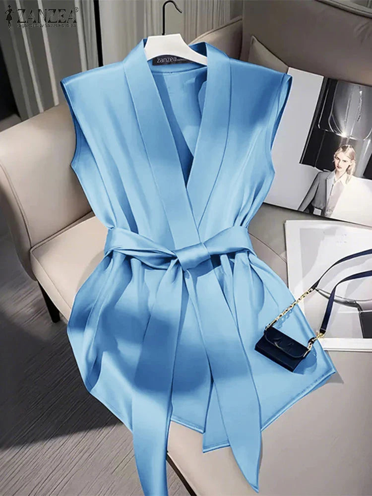 Women Shiny Satin Blouses Elegant Wrapped V-Neck Sleeveless Tops 2025 Summer Office Commuting Belted Party Blusas Mujer