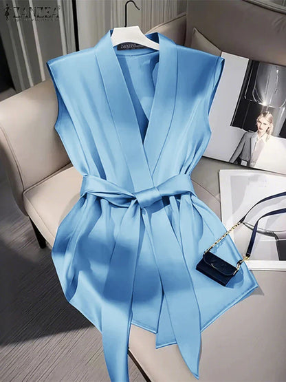 Women Shiny Satin Blouses Elegant Wrapped V-Neck Sleeveless Tops 2025 Summer Office Commuting Belted Party Blusas Mujer