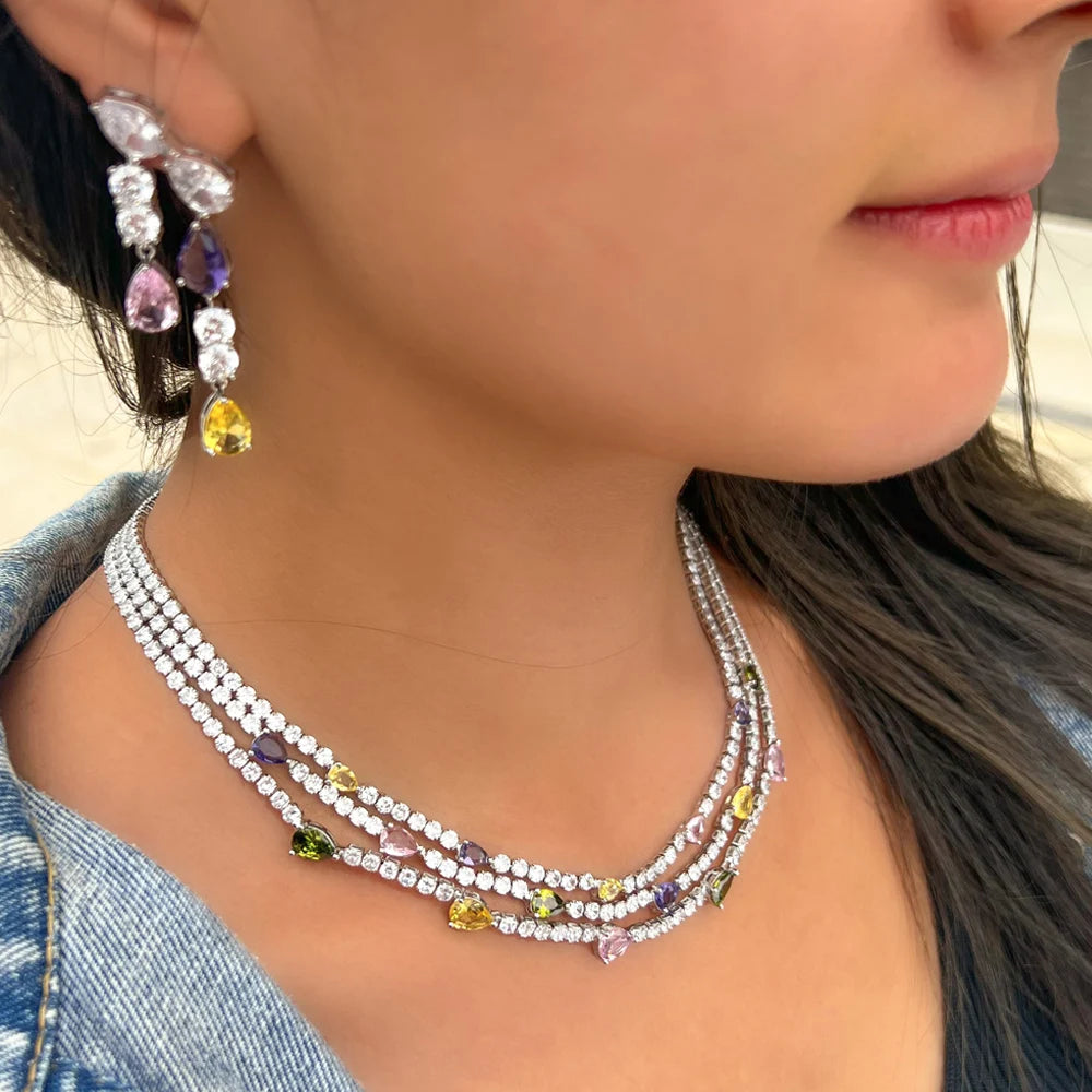 Shiny Colorful Cubic Zirconia 3 Rows Multi Layer Bridal Wedding Choker Necklace Earrings Jewelry Set for Women TZ784