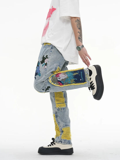 Chinese Painting Embroidered Patch Denim Ripped Jeans for Men Streetwear Pleated Tassels Distressed Destroyed Jean Straight Male