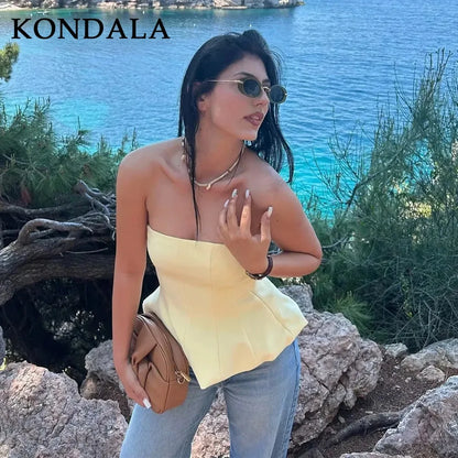 2026 Spring Summer Butter Yellow Sexy Women Tops Fashion Solid Strapless Short Tops Chic Streetwear Ladies Tops