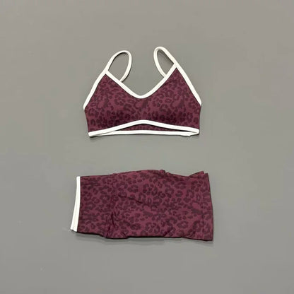 2 Pieces Leopard Print Sports Set Women Seamless Yoga Bra & High Waist Scrunch Butt Shorts Gym Workout Slim Fit Outfit