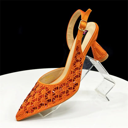 Elegant Black and Gold Pointed-Toe Italian Women's High-Heeled Shoe and Bag Set with Full Diamond Accents