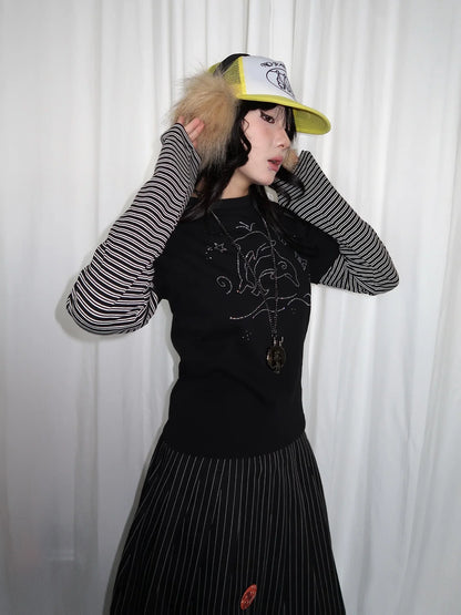 Y2k Vintage T-shirt Women Long Sleeve Patchwork Japanese 2000s Grunge Tops Streetwear American Retro Print Graphic Tops