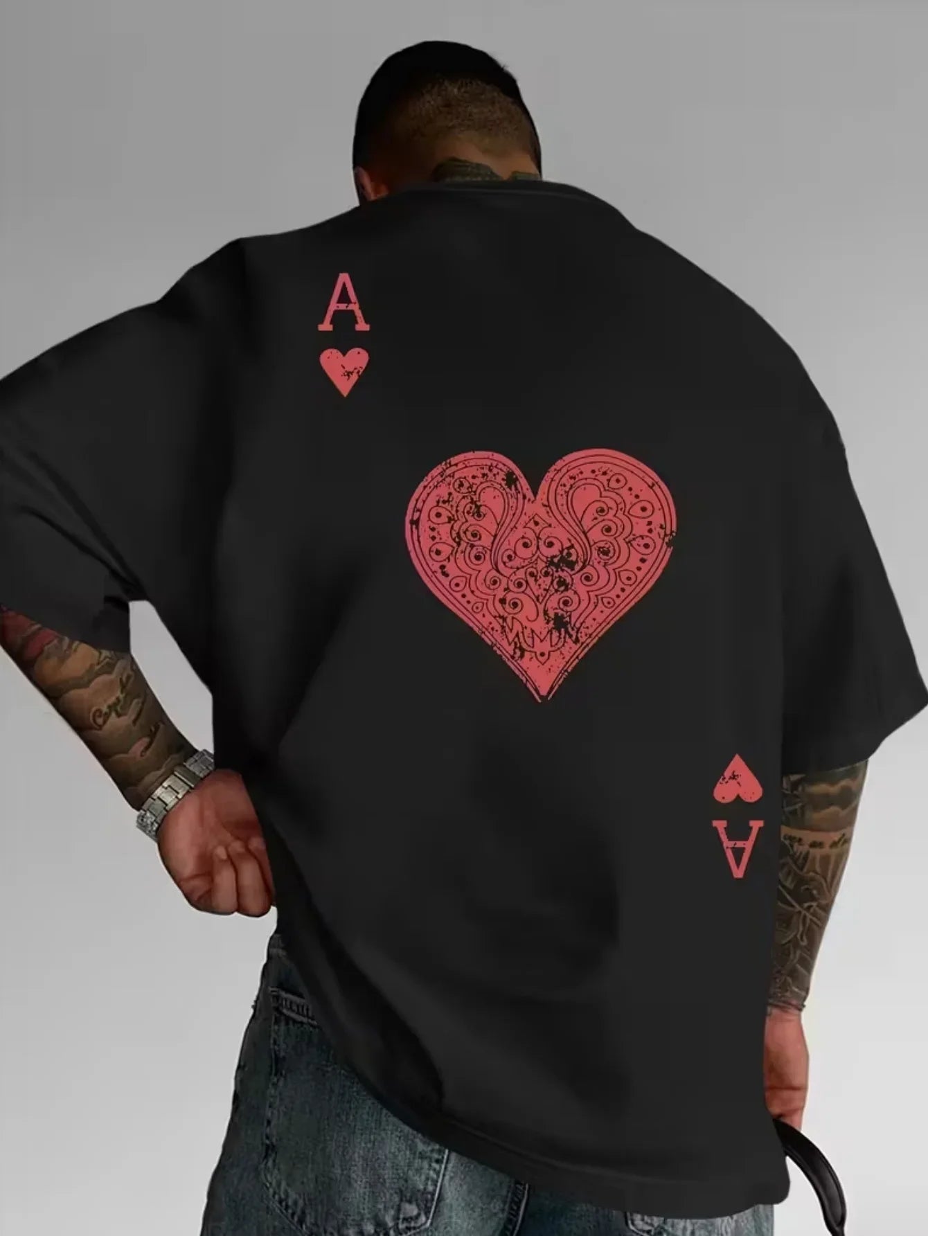 Men's Red Heart A Print T-Shirt Pure Cotton and Breathable Streetwear Oversized Loose Casual Crew Neck Short Sleeve