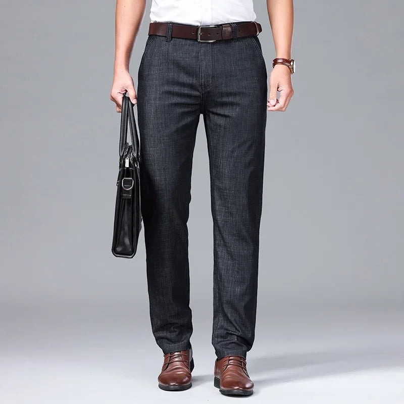 Modal Fabric Spring Summer Men's Black Thin Straight Jeans Classic Style Business Fashion Stretch Loose Jeans Male Brand