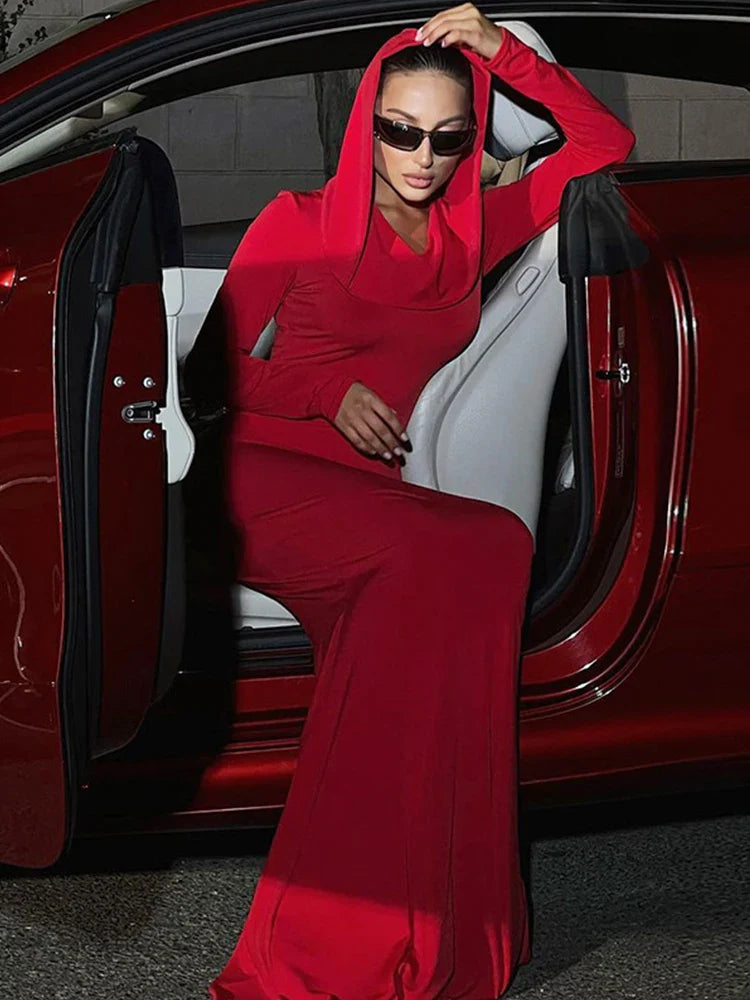 Fashion Sexy Solid Hooded Maxi Dresses Women Elegant Casual Long Sleeve Slim Bodycon Party Vestidos Robes Streetwear