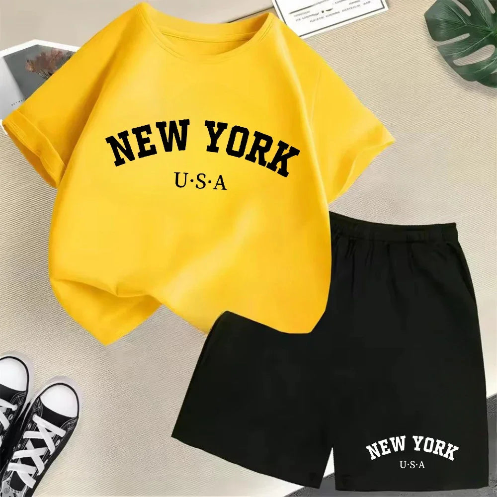New York letter pattern boy and girl T-shirt+shorts 2-piece set