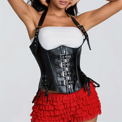 PU Leather Corset Sexy Steampunk Corset Top Halter Corselet Shapewear Women Tummy Control Bustier Lace Up Halloween Costume