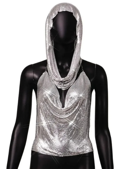 Fashion Metal Sequined Y2k Women Crop Top Tank Tops with Headscarf Metallic Sequins Sexy Backless Hollow Out Halter Corset top