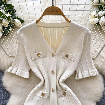 Fashion Vintage Knitted Long Dress Spring Summer Women Elegant V-neck Ruffled Bodycon Sweater Dress Party Vestido