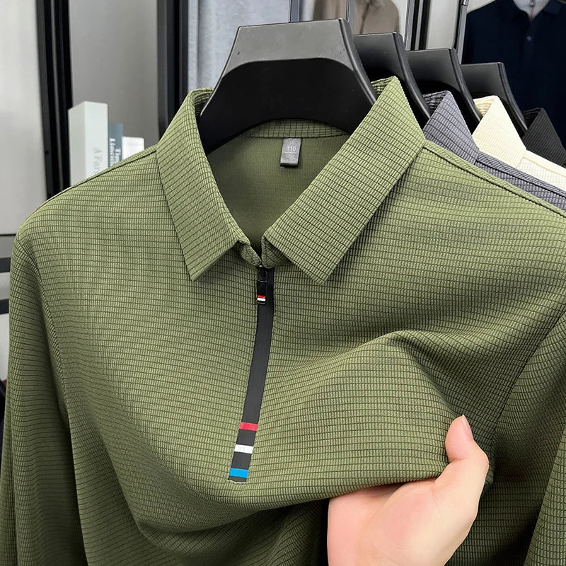 Light luxury half zipper men long sleeve polo shirt high-quality unique checkered printed Korean style trend new casual T-shirt