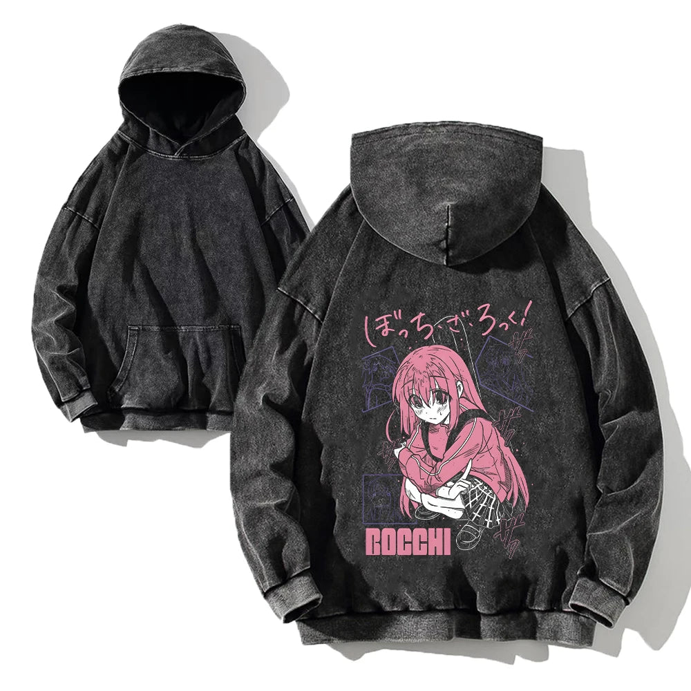 Men Acid Hoodies Bocchi The Rock Manga Top Print Vintage Pullover Casual Basis Long Sleeve Washed Hoodies