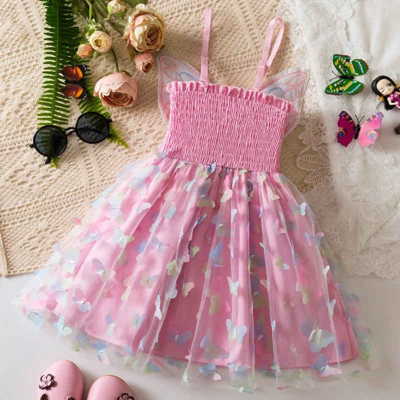 Girls Green Butterfly Dress Summer Children Colorful Mesh Dress Baby Sling Wings Princess Dress for Birthday 2-6T